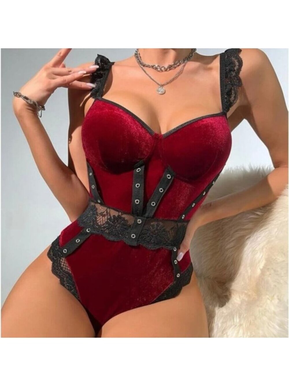 Gothic Valentine Vamp Velvet Black Lace Panel Bustier Festival Rave Bodysuit